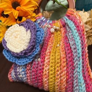 Colorful Crochet Women's Bag with wooden handles and Floral Accent